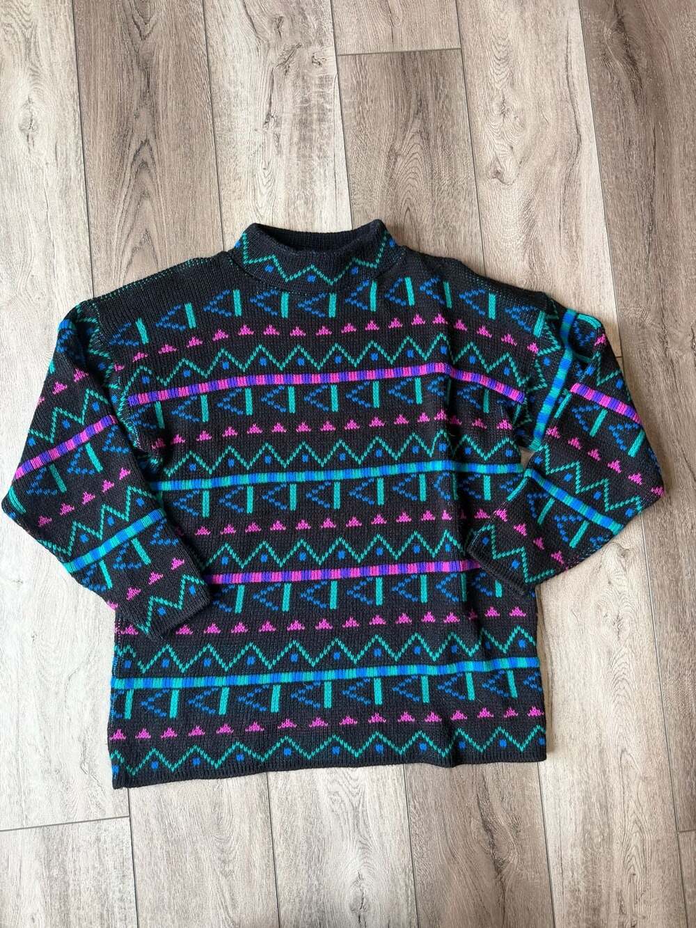 Vintage 1980s Jamenits Black Teal Purple Funky Acrylic Mock-Neck Sweater